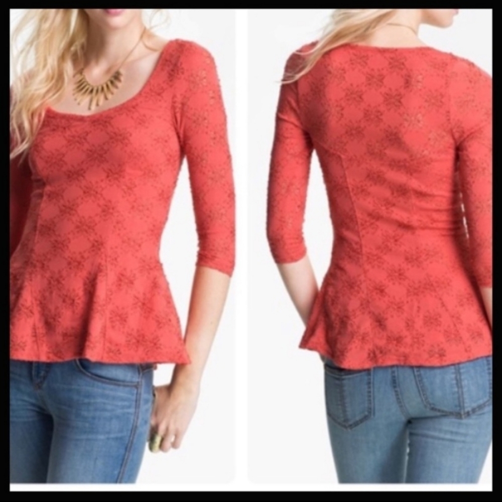 Free People Daisy Pontelle Lace Coral Peplum Top